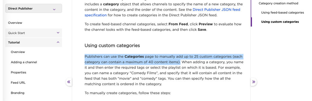 Roku Direct Publisher documentation content limits