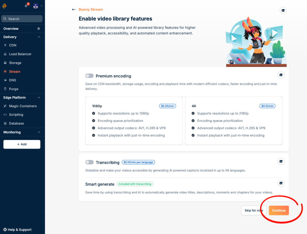 Bunny stream setting page