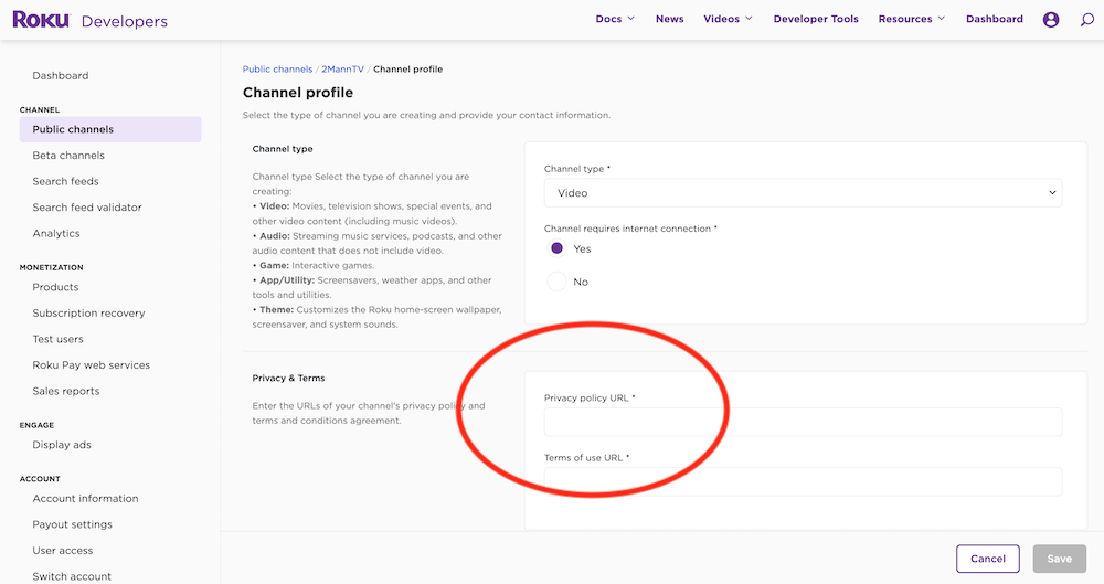Roku developer account - channel profile