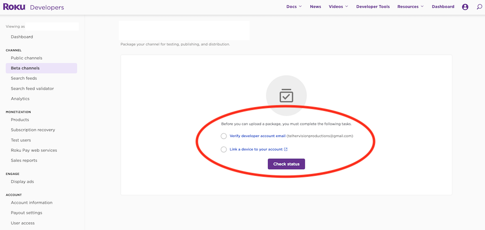Roku developer account channel package page