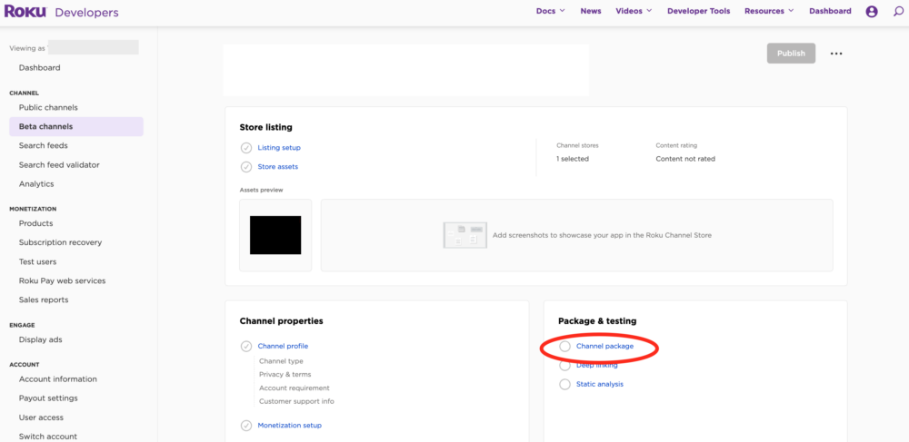 Roku developer account with my channel: channel package