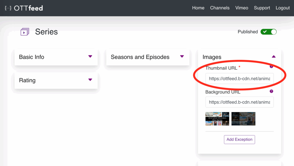 Ottfeed platform, series detail page