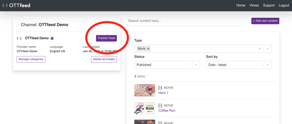 Publish Feed on OTTfeed platform
