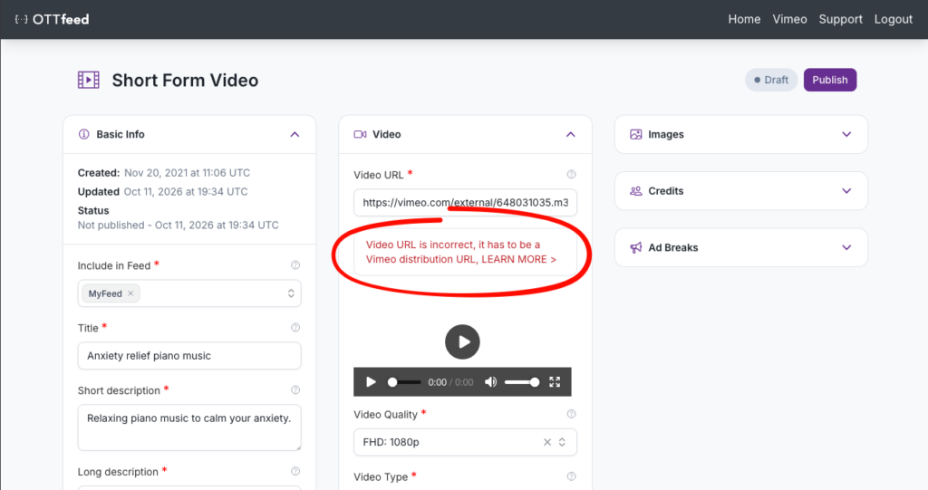 Inccorect Video URL