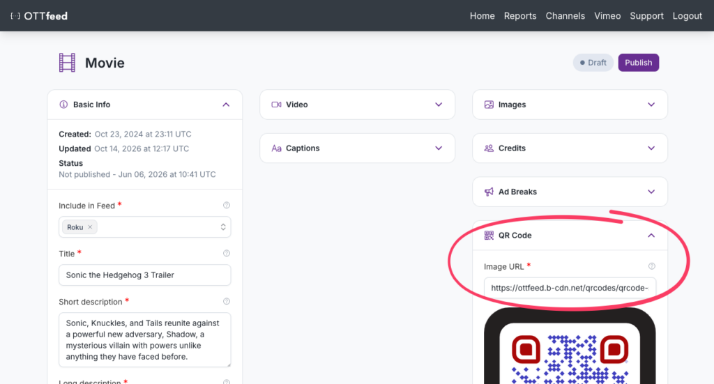 QR code on OTTfeed platform